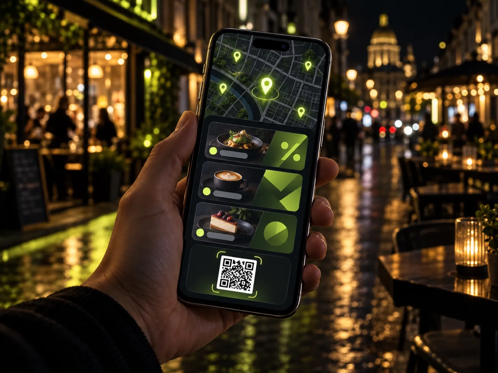 Aplicația CityOffers pe un smartphone, cu o hartă a orașului noaptea