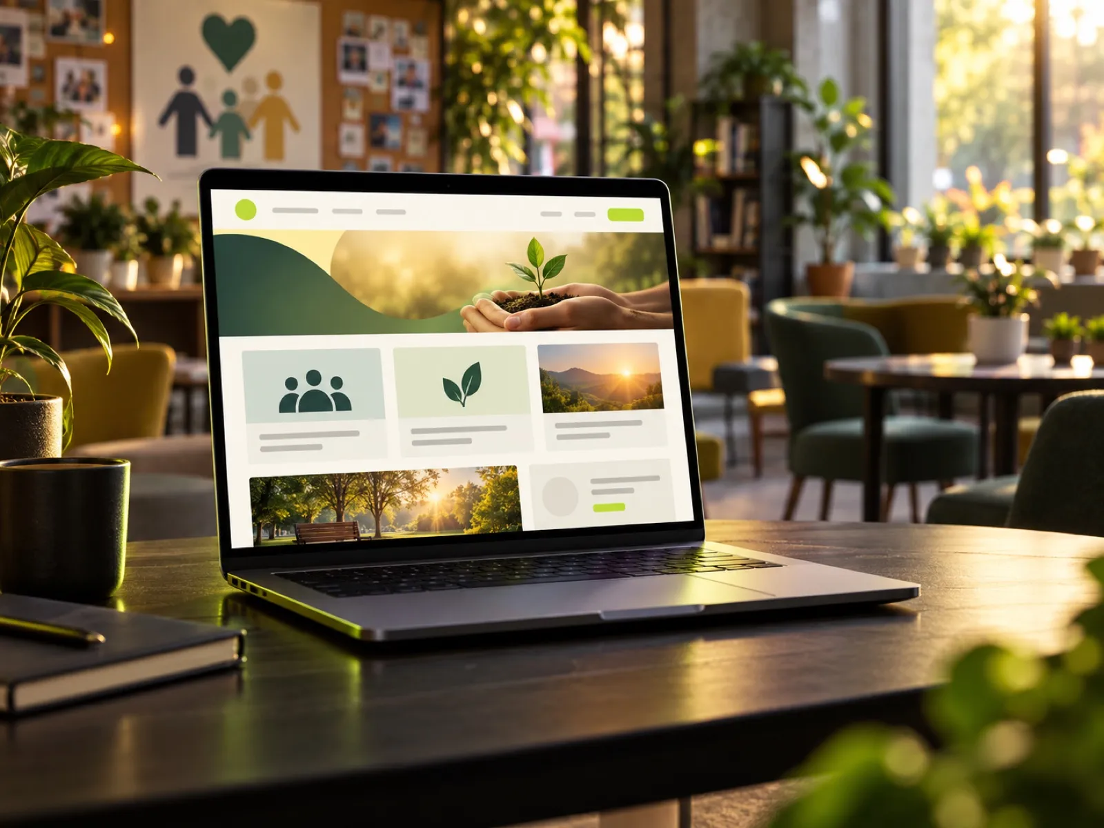 Website-ul Diakoniewerk România pe un laptop, într-un spațiu comunitar luminos
