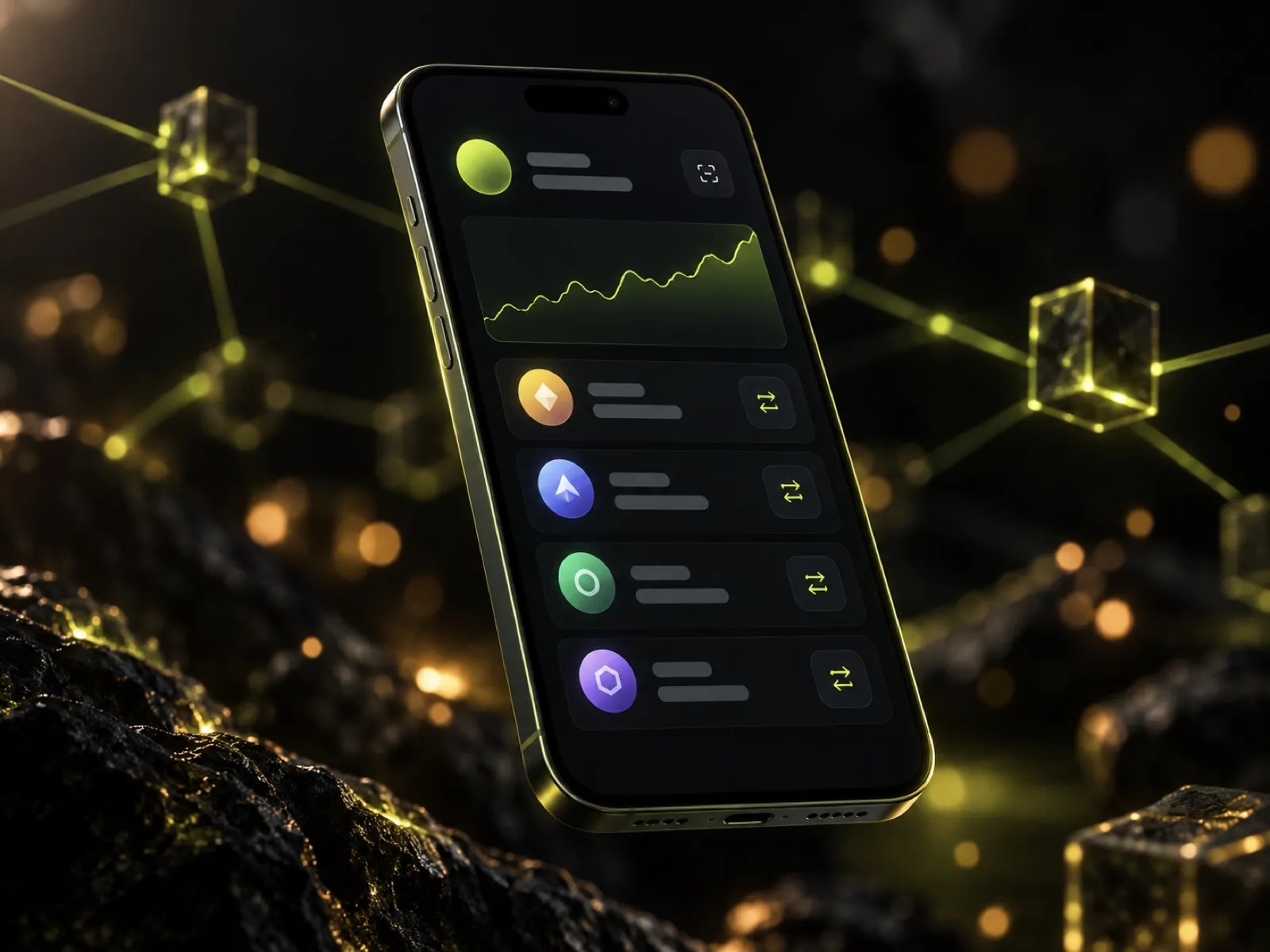 Aplicația iLuminary afișată pe un smartphone, într-un decor întunecat cu accente lime