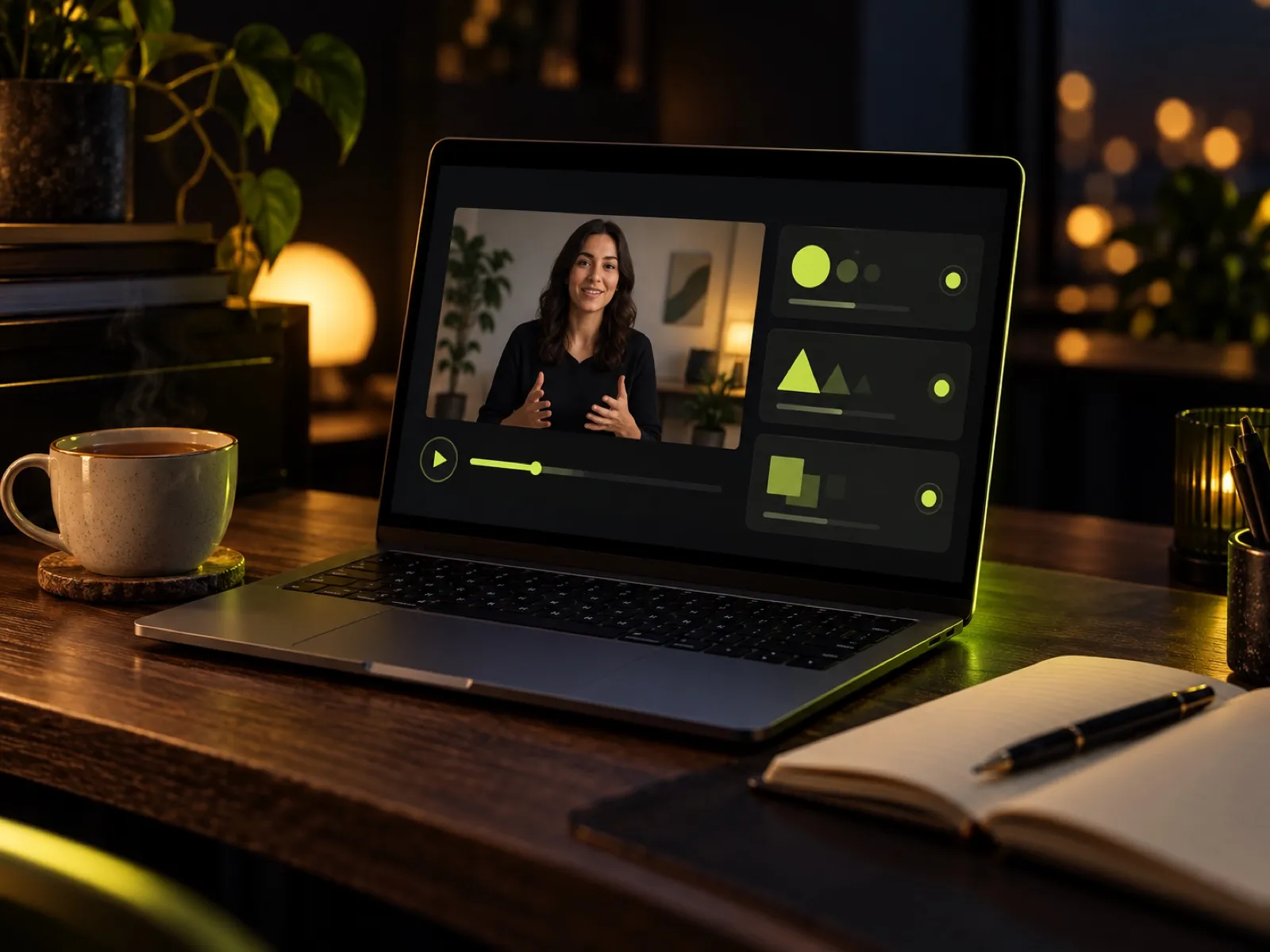 Platforma de cursuri Liros Learn pe un laptop, într-un birou seara