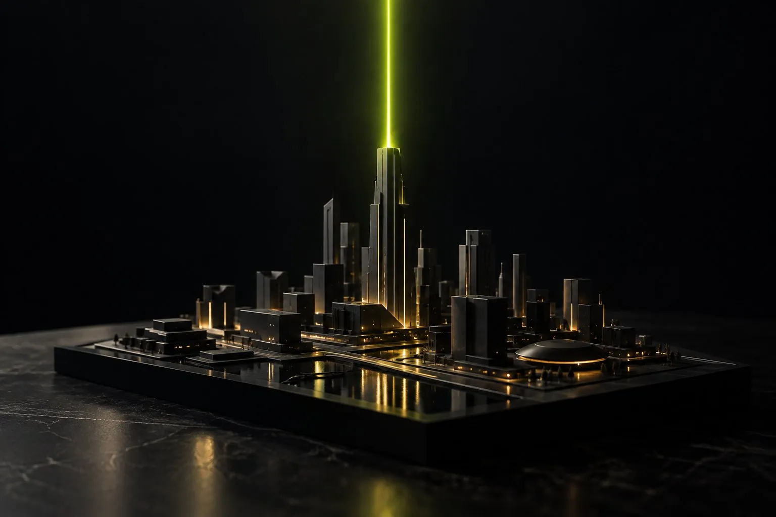 Machetă întunecată a unui oraș, cu un fascicul de lumină verde-lime care se ridică dintr-un turn