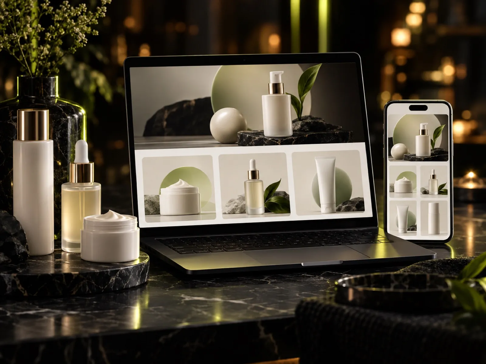 Magazinul online Nuovo's pe un laptop și un telefon, lângă produse cosmetice