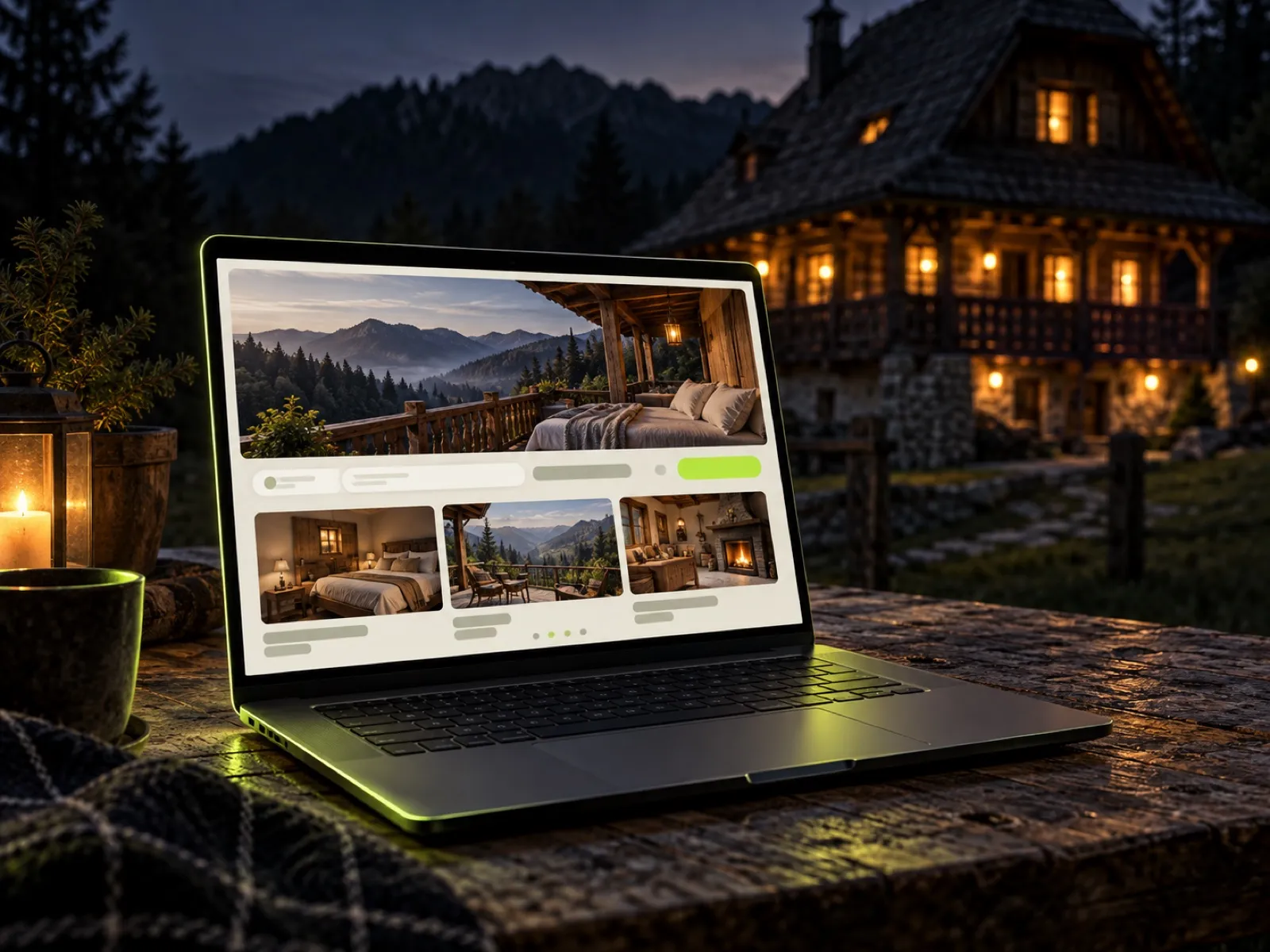 Website-ul Oberwood pe un laptop, cu o casă tradițională din lemn la munte