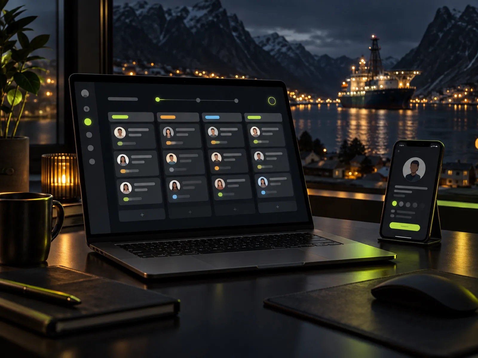 Platforma ProBemanning afișată pe laptop și telefon, într-un decor industrial nocturn