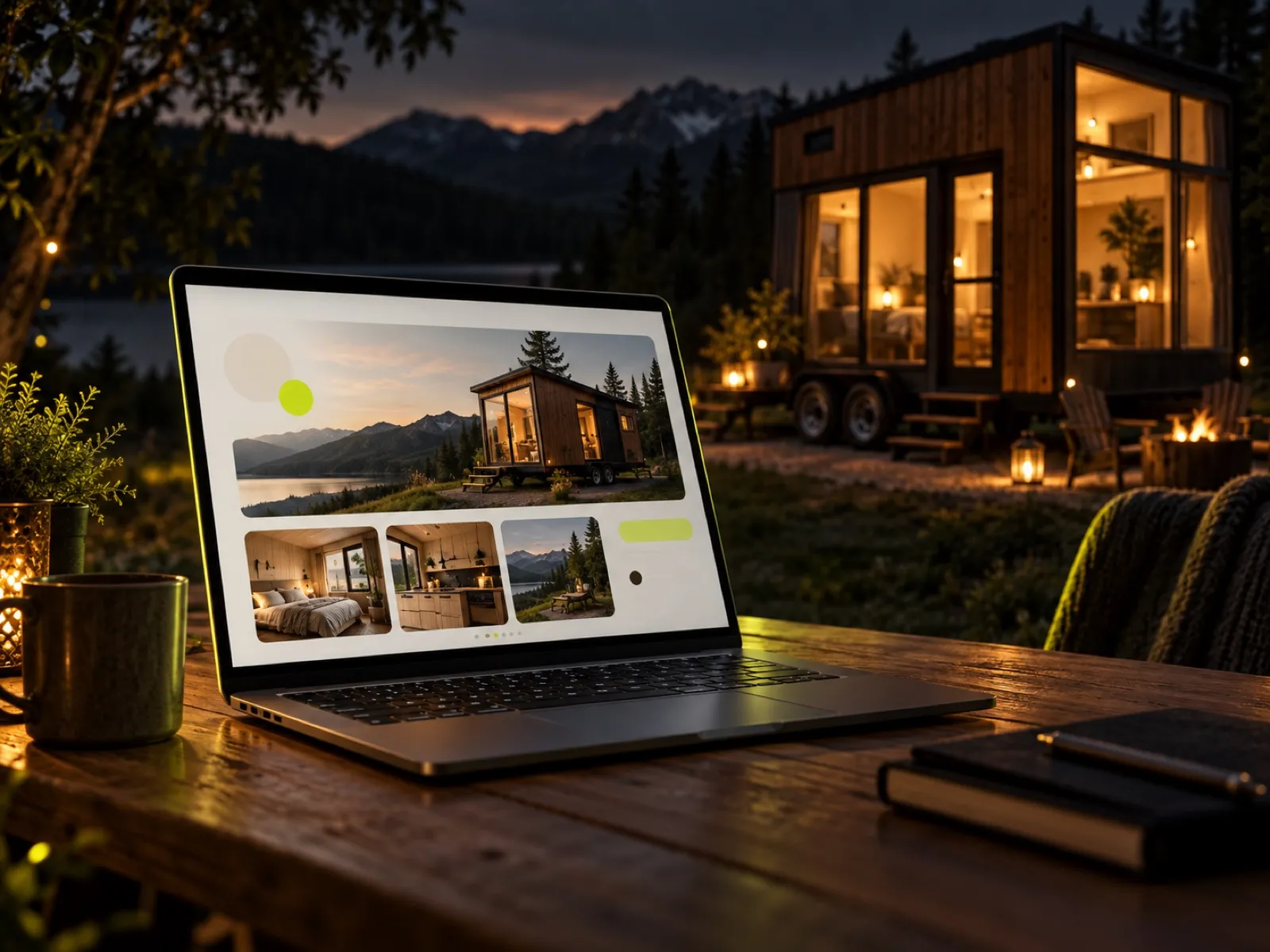 Website-ul Tiny Construct pe un laptop, cu o casă mobilă din lemn în fundal
