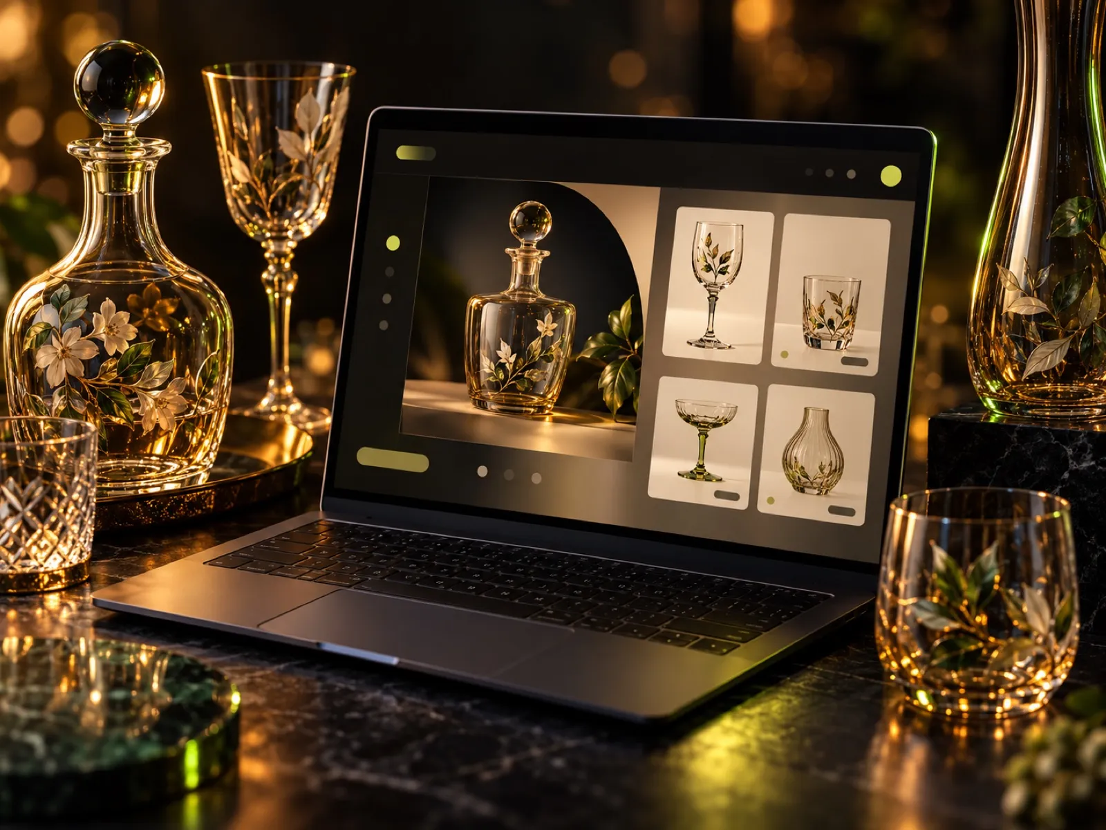 Magazinul online Transilvania Glass pe un laptop, lângă obiecte din sticlă lucrate manual
